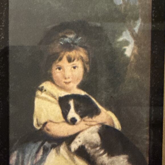 Antique Picture Young Girl With Blue Ribbon Sitting holding Dog Framed Print - Picture 4 of 11